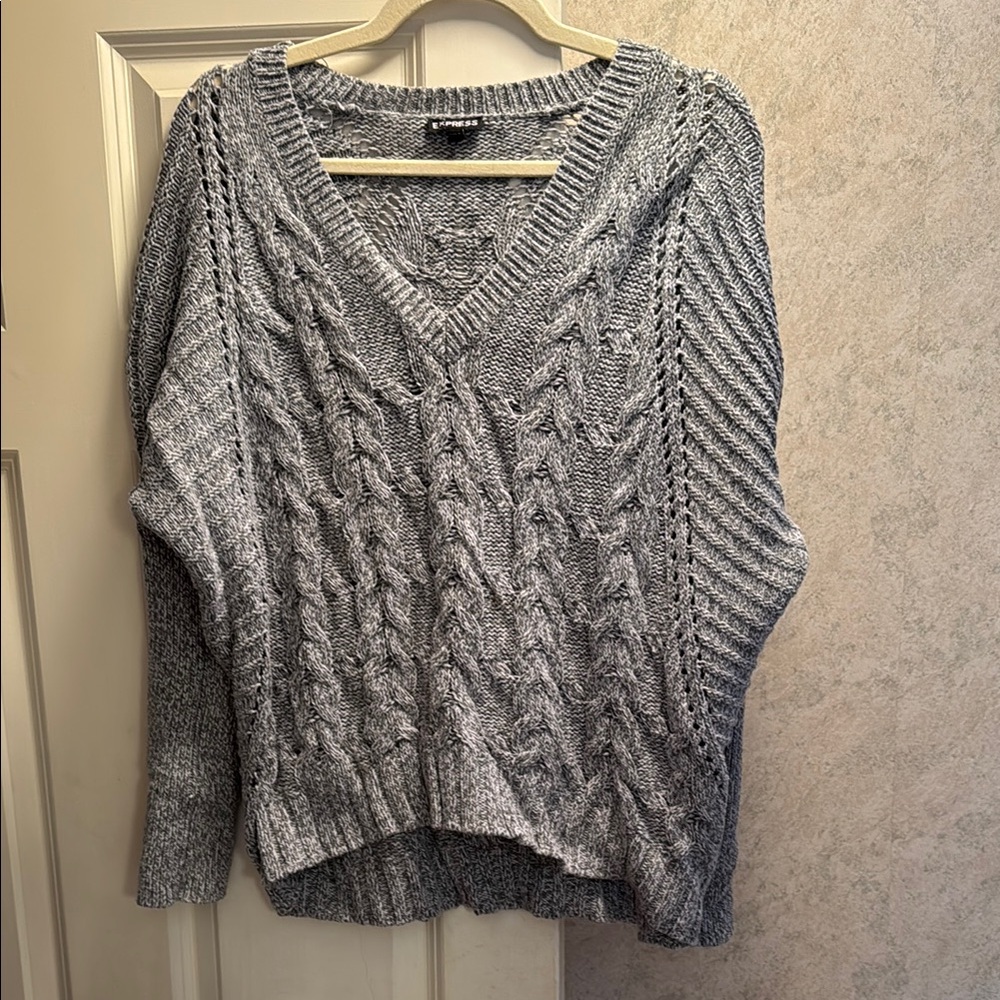 Express Light Gray Cable V-Neck Sweater